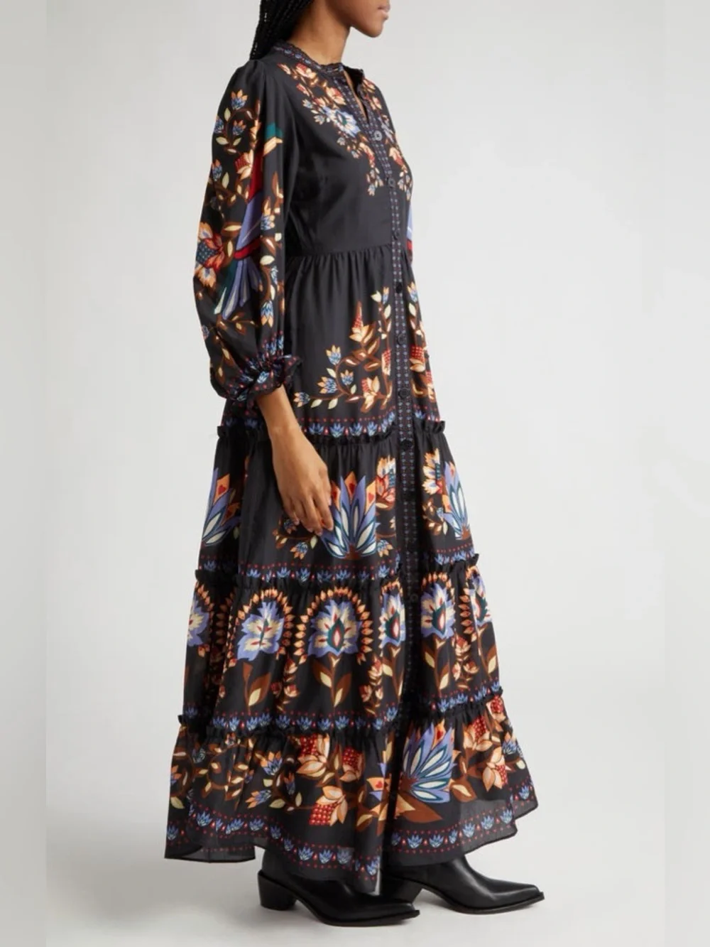 NEW FARM Rio Winter Garden Floral Print Tiered Puff Long Sleeve Maxi Dress Sz M - Picture 3 of 16